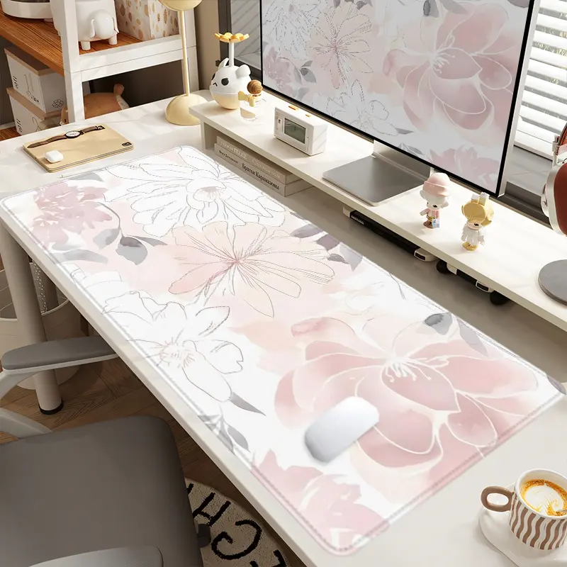1pc Extra Large Light Pink Floral Line Art Mouse Pad Fresh Desk Pad, Desk Mat, Computer Keyboard Mousepad with Non - Slip Rubber Base Durable Stitched Edge Perfect Gift for Home and Office Aesthetic Office Supplies Desktop Accessory Office Accessories