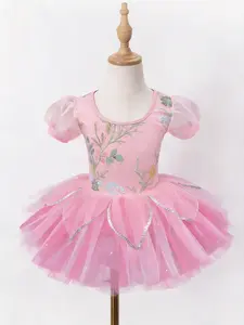 Girls’ ballet dress with sequin petal details, embroidered children’s dance outfit, performance puff skirt for little girls