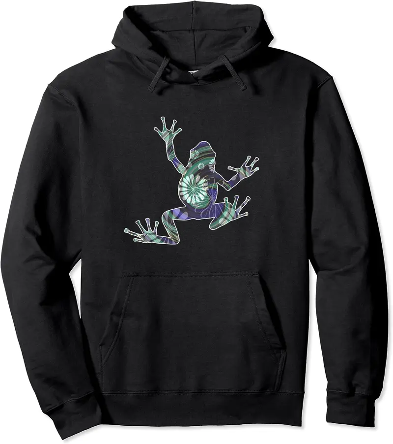 Frog Climbing Up Pattern White Flowers Green & Purple Swirls Pullover Hoodie - Jacobpatte Shop 28B09P7QSHS1