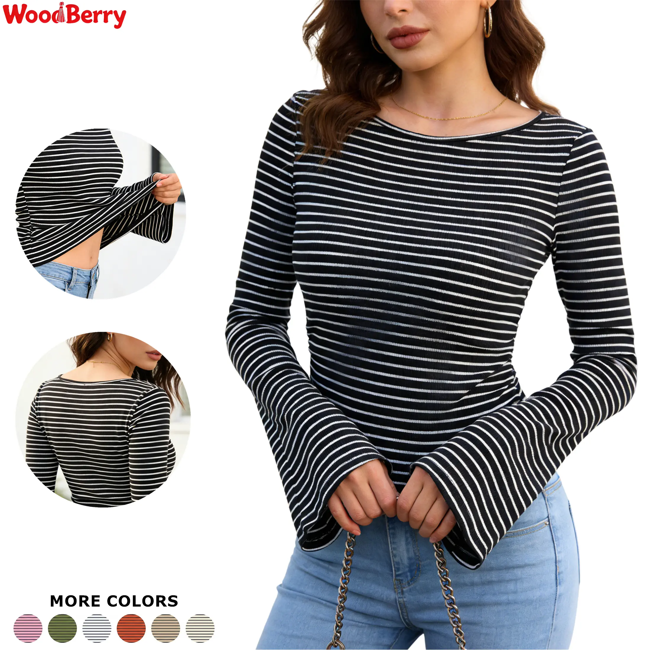 WoodBerry Women's High-Stretch Long Sleeve Shirts 2026 Spring Casual Boat Neck Bell Sleeve Crop Going Out Tops Side Ribbed Ruched Y2K Clothes,summervibes Black Striped