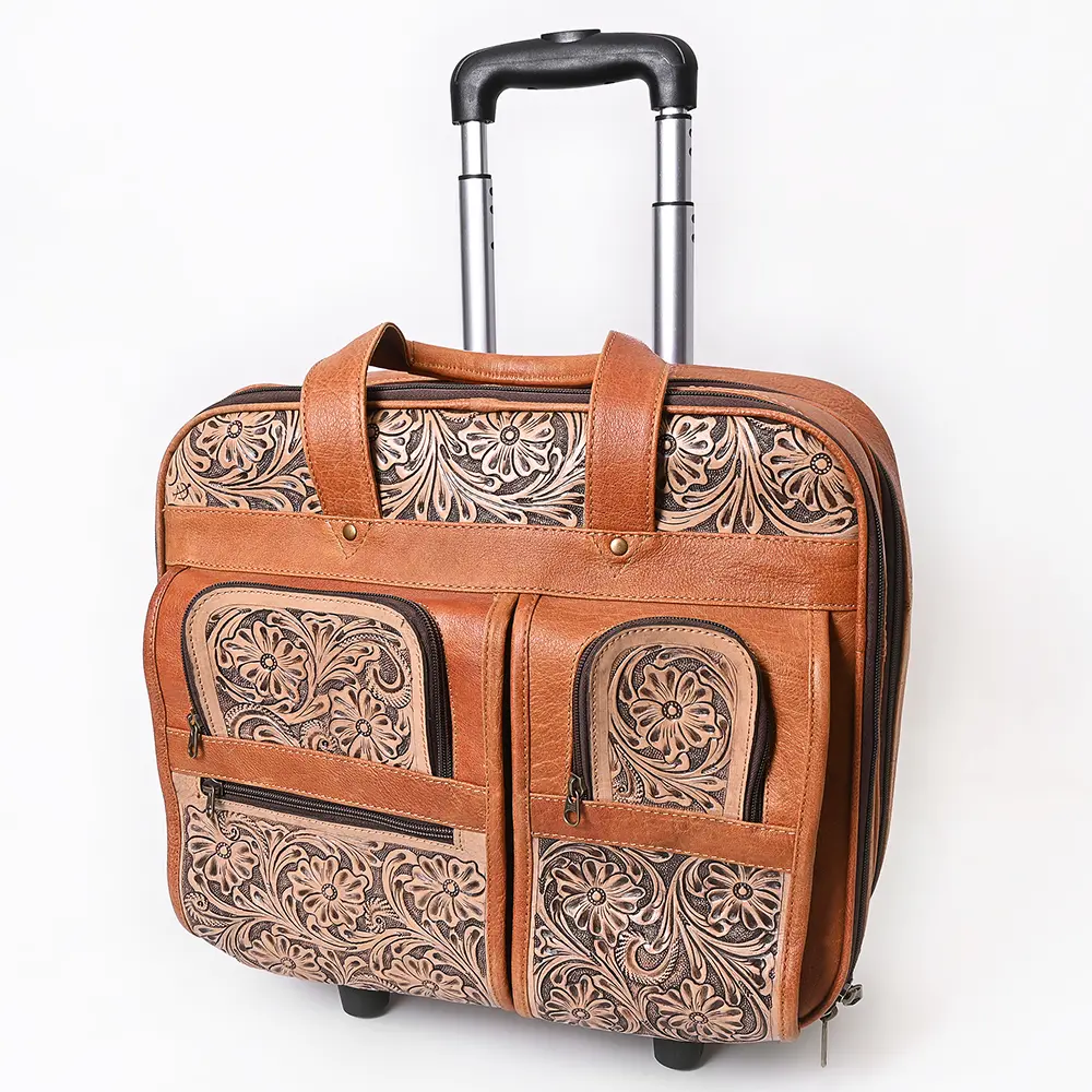 American Darling Western Leather Travel Case with Hand Tooled Floral Carving, Genuine Vegetable-Tanned Full-Grain Leather, Durable YKK Zippers & Multiple Compartments