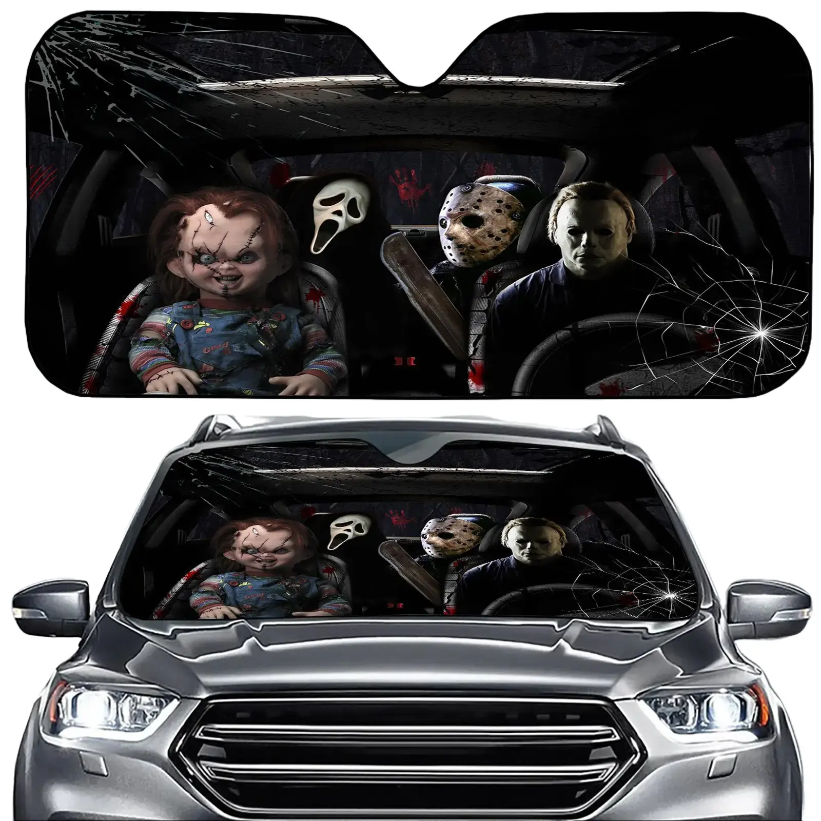 Funny Spooky Horror Movie Squad Windshield Sun Shade - Gothic Print Retro Auto Sunshade for Cars, Foldable Accordion Thick Bubble Aluminum Foil UV Protection Heat Blocker Visor, Car Interior Accessories, Multi-Sizes (S/M) for Sedan SUV