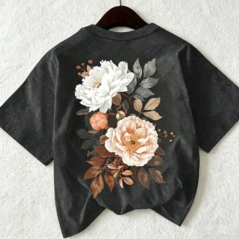 Women's Plus Size Vintage Flower Graphic Round Neck Short Sleeve T-Shirt - Streetwear Top, Casual Women's Top, Tshirt, Women's Tops