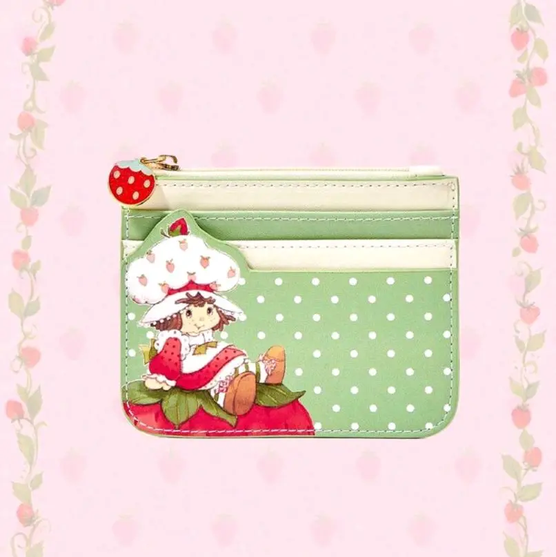 Strawberry Shortcake Green Cartoon Figure & Polka Print Cartoon  Zipper Card Case With Keychain, Small  Storage Pouch