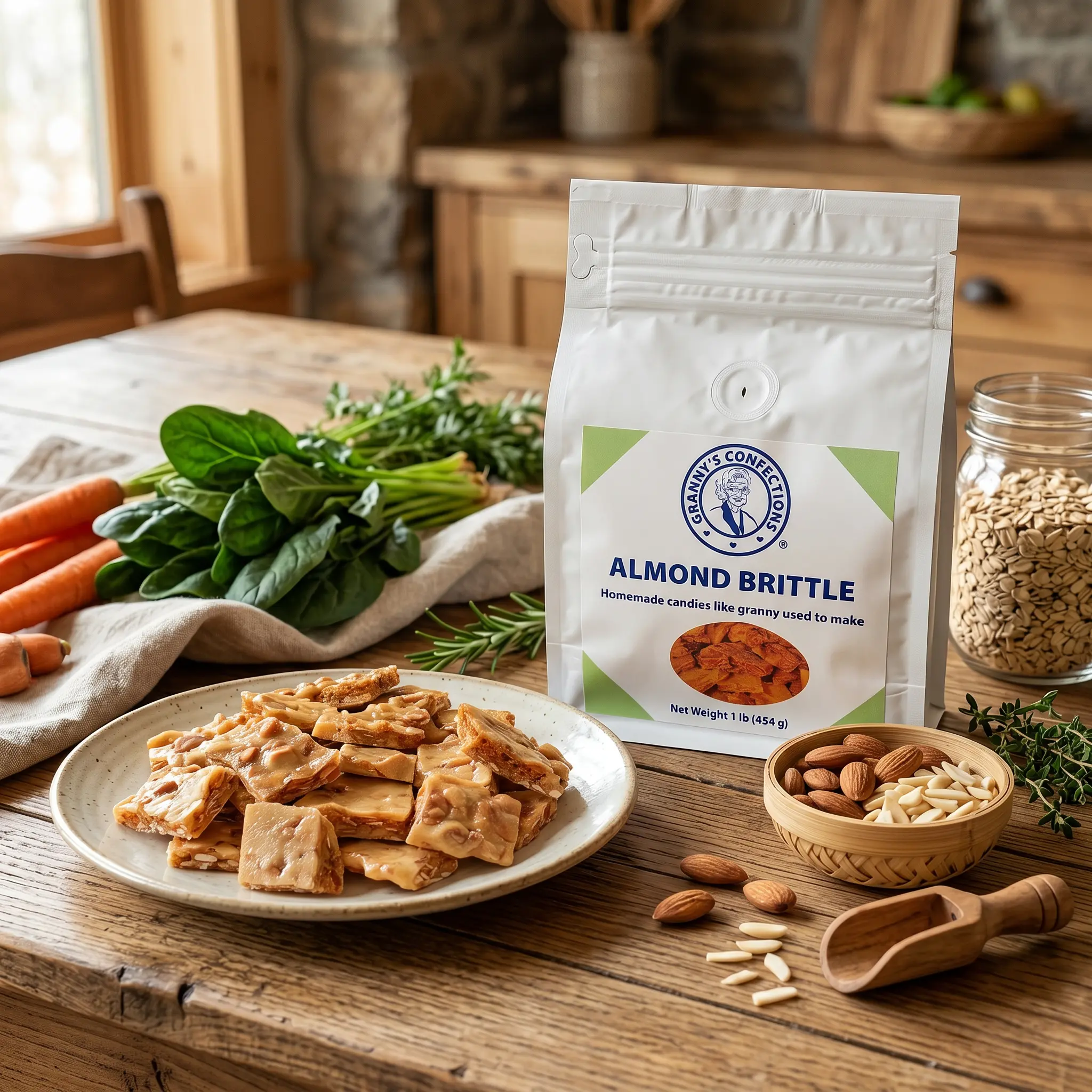 Granny's Confections Handmade Almond Brittle - One Pound Bag. Gluten-Free. Made in USA. Michigan. No Artificial Flavors or Colors. Traditional Family Recipe.