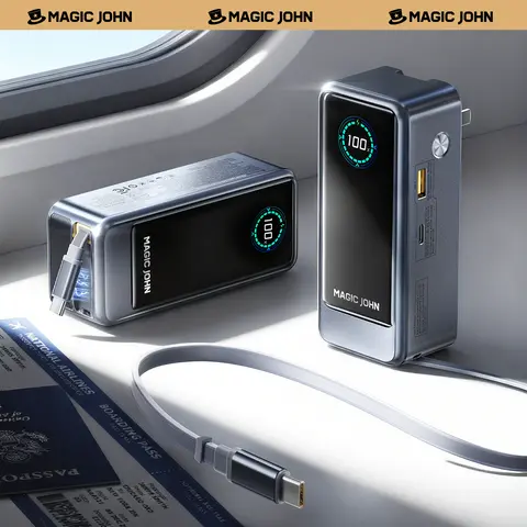 MAGIC JOHN 15000 mAh Battery Power Bank with Built-in Wall Charger, 2.3ft Retractable Cable, Lanyard, USB-C/USB-A Outputs, Digital Display, Airline-Approved for Charging Smartphones, Laptops, iPhone 17/16 Series, Samsung S13, MacBook Devices