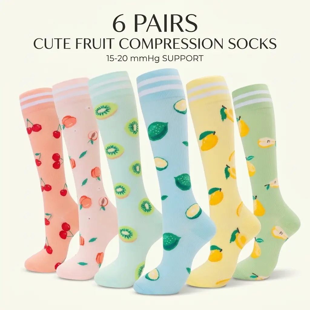 6 Pairs Cute Fruit Compression Socks (15-20 mmHg) for Women & Men | Knee High Support Socks | Relieve Leg Fatigue, Swelling & Improve Circulation | Great for Nurses, Flights, Pregnancy & Workactive  socks
