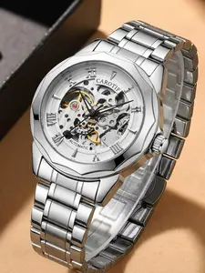Men's Silver Color Mechanical Watch, Transparent Hollow Core, Roman Numerals, Stainless Steel Strap, Calendar Display, Gift for Husband Boyfriend