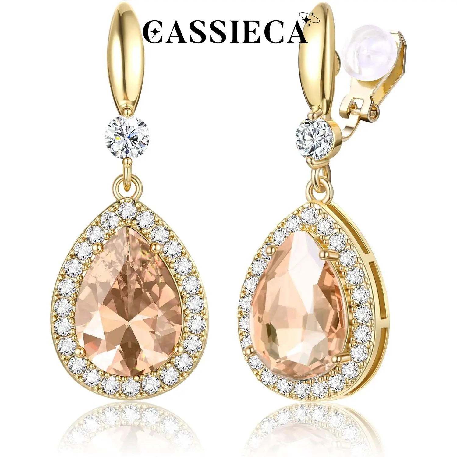 CASSIECA Elegant Clip on Earrings for Women Sparkling Teardrop Dangle Clip Earrings Non-Pierced Rhinestone Cubic Zirconia Wedding Prom Jewelry 14K Gold-plated and Silver Tone, Rhinestones Summervibes