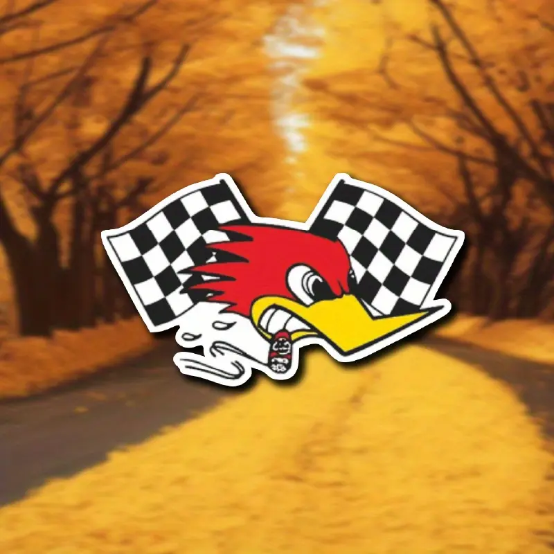Wood Woodpecker PVC Stickers, Car Decals, Automotive Decals, Decals for Vehicles - Durable Self-adhesive Stickers for Cars, with Vibrant Cartoon Designs Featuring Checkered Flags and Autumn Leaves - Weather Resistant Car Stickers
