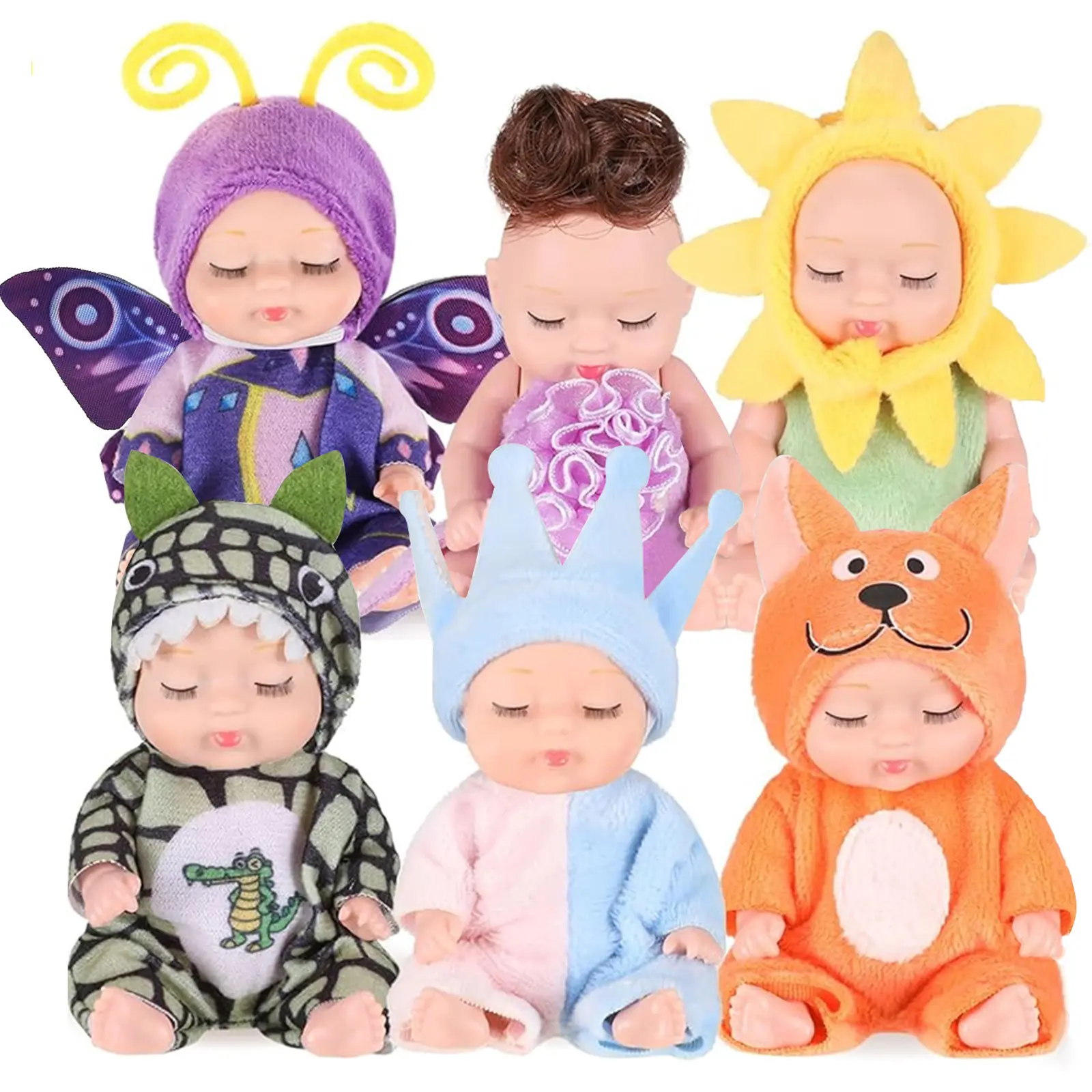 6-Piece 4-Inch Lifelike Mini Baby Dolls, Cute Cartoon Dress Up Trendy Dolls with Animal Clothes, Tiny Kids' Birthday Party Gifts (Novelty Style), Cute Cartoon Doll