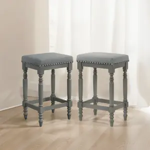 Set of 2 Rustic Wooden Counter Stools, 26-Inch Farmhouse Barstools with Padded Velvet Seat, Nailhead Trim, Distressed Cool Gray Finish & Turned Legs – Counter-Height Kitchen Seating   WL