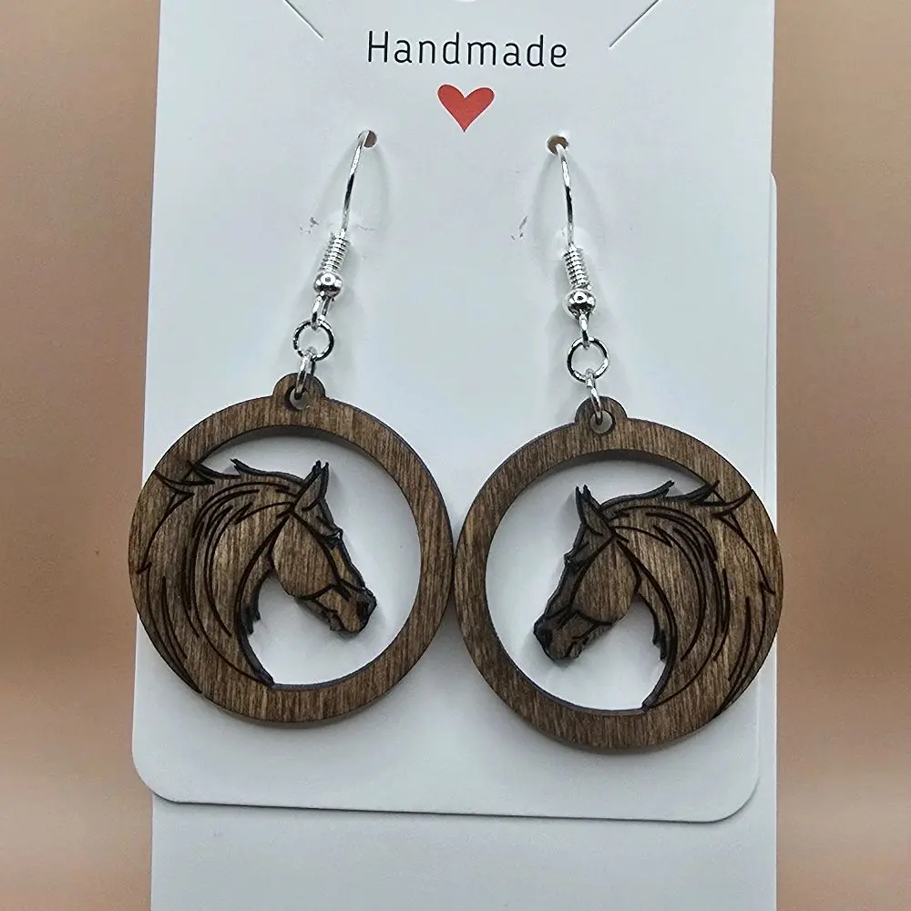 148) Dark Stained Round Wooden Horse Earrings