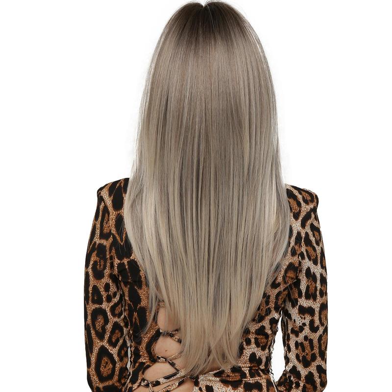 20 Inch Grey Wigs for Women Long Layered Ombre Wigs with Bangs Heat Resistant Synthetic Fibre Wigs