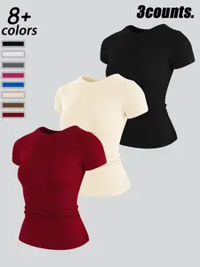 Women's High Elastic Seamless Fitted Short Sleeve T-Shirt, Yoga Wear Casual Quick Dry Fitness Top, Running Sportswear, Athletic Yoga Shirts