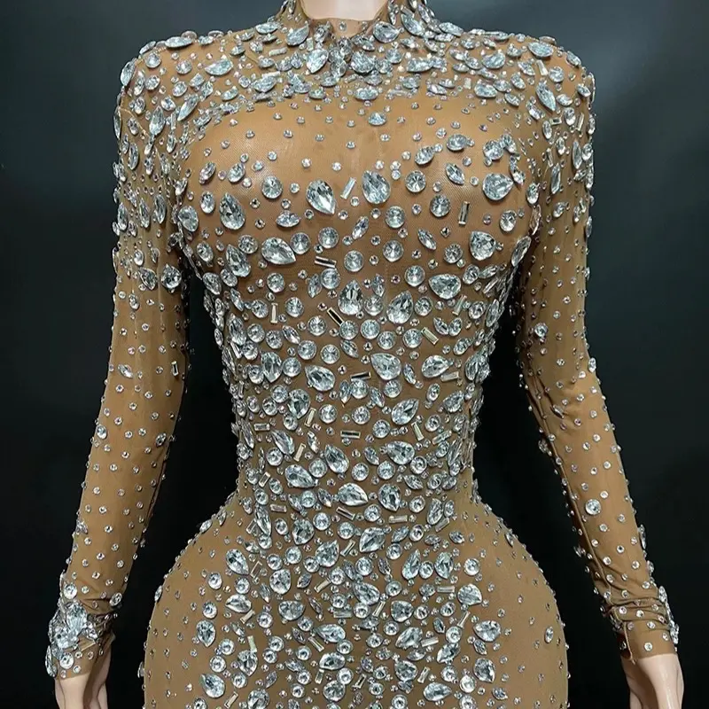 Shining Rihenston Long Sleeves Mesh Elegant Max Dress rhinestone