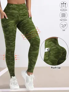 Women's Camo Print High Waist Slim Fit Pants with Pockets, Comfortable Elastic Outdoor Basic Leggings, Casual All Seasons Wear, Athletic Leggings