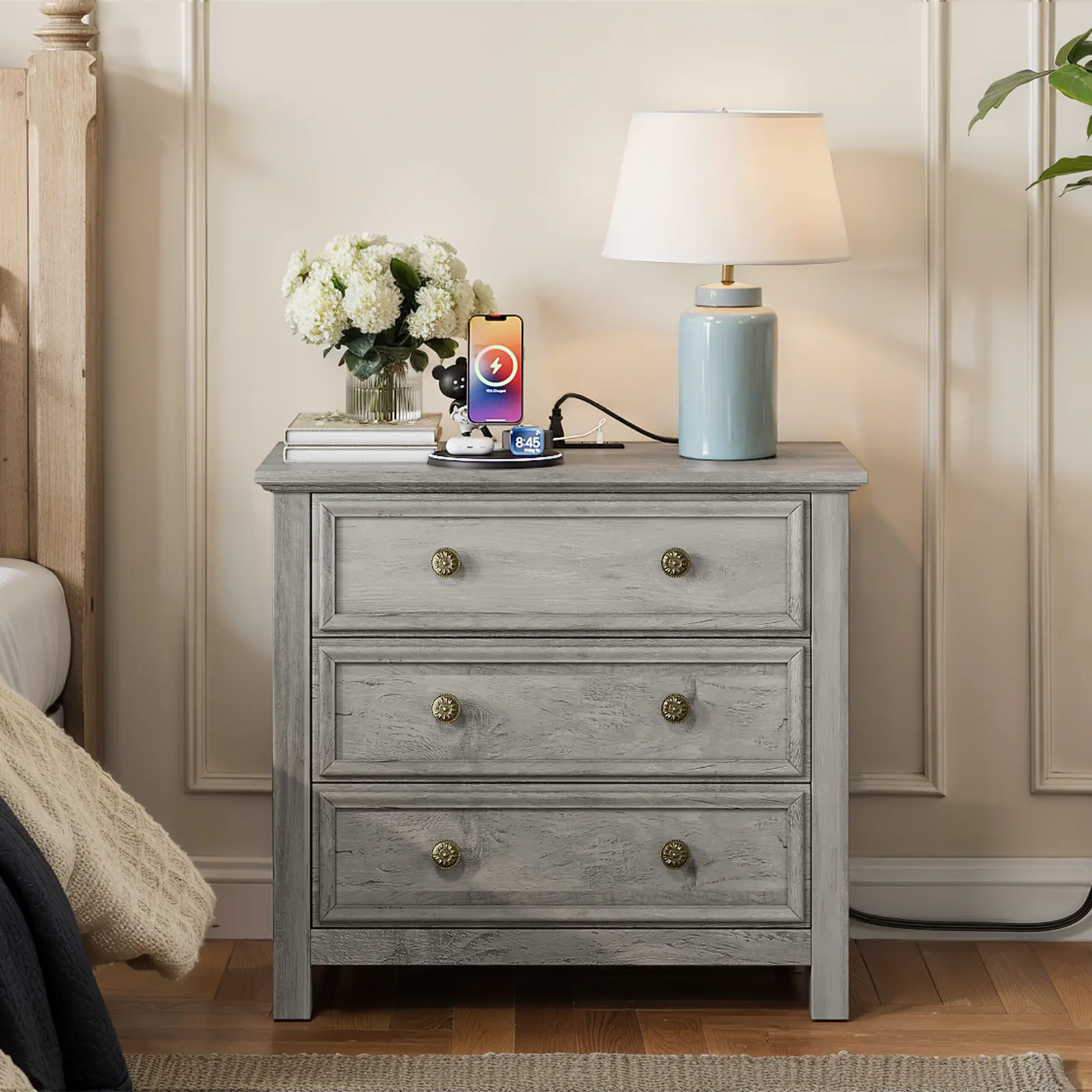 LGHM Home 3 Drawers Nightstand with Charging Station, 26.7" Wide Farmhouse Nightstands, Bedside Table End Table for Bedroom Living Room, Gray