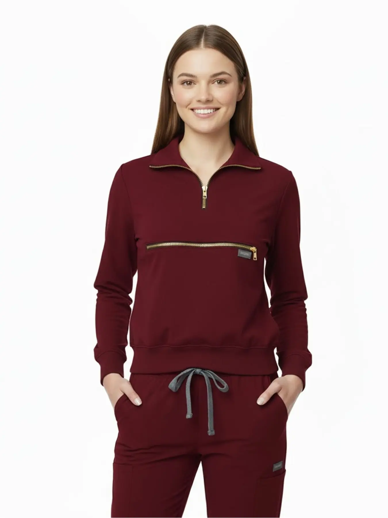 Women's 2-Piece Fitted Basic Scrubs Set with Quarter Zip & Stand Collar, Stretch Nursing Workwear Uniform with Cargo Pants for Doctors, Nurses & Healthcare Workers