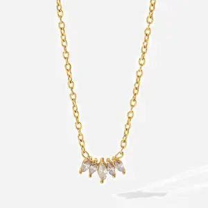 [FLAME] Stainless Steel 18K Gold Plated Marquise Cut CZ Pendant Necklace, Dainty Cable Chain, Waterproof Tarnish Resistant, Hypoallergenic Everyday Jewelry for Women, Perfect Gift