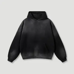 Men’s Oversized Black Hoodie 360G Fleece Vintage Wash Distressed Y2K Streetwear Gradient Pullover Hooded Sweatshirt