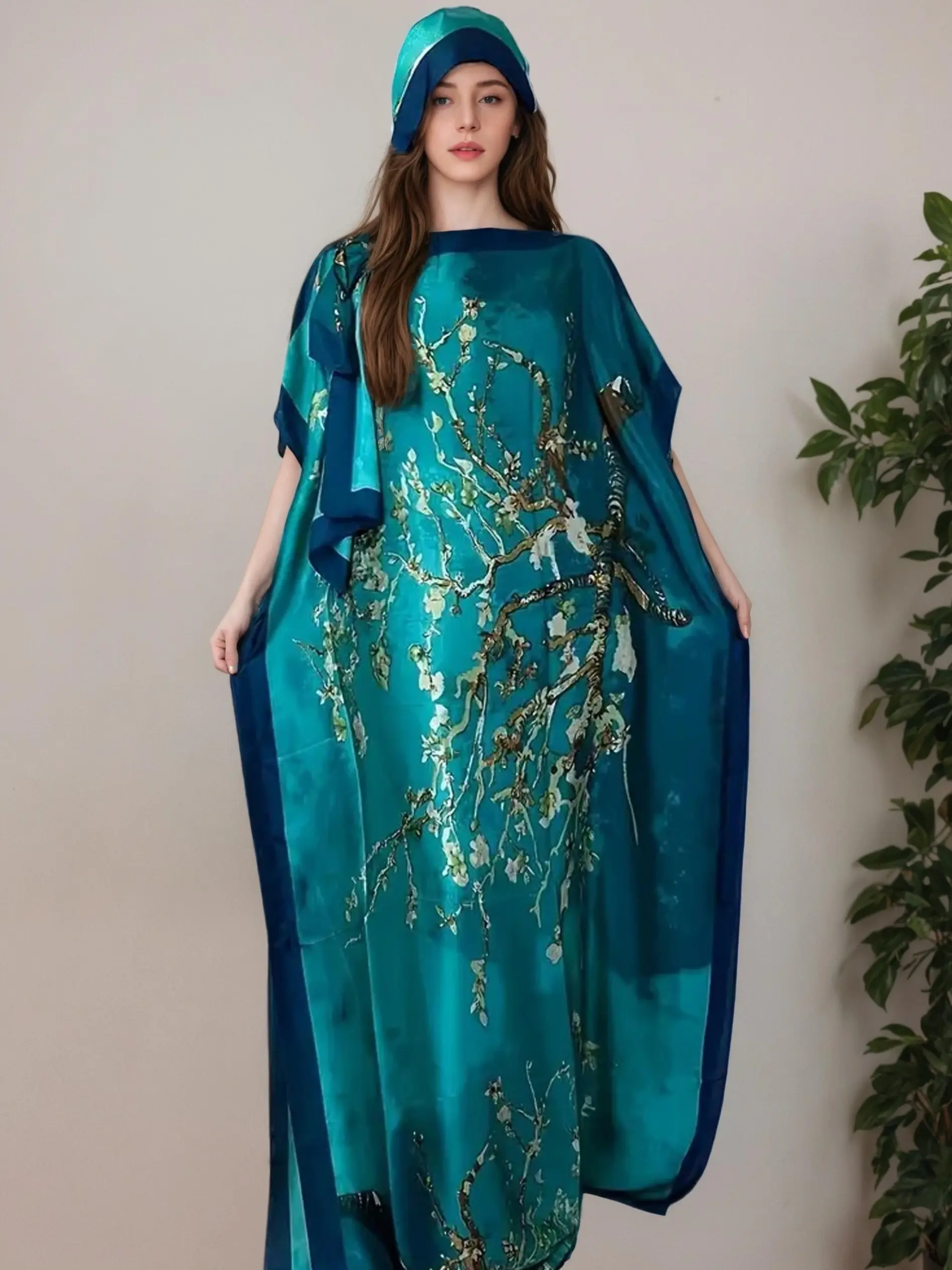 Women's Two-Piece Long Dress Set with Silk Scarf, Gardenia Print Design, Breathable Lightweight Polyester Fiber Material, Versatile, Casual