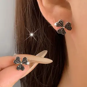 DARK ACADEMIA Earrings ️Black Clover Studs w/ Black Zirconia  S925 Sterling Silver Goth Jewelry