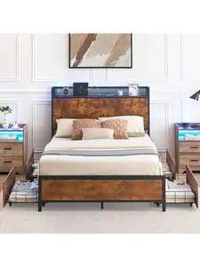 Vintage Brown Queen Size Double Bed Frame with LED Lighting, Storage Headboard, 4 Drawers, Charging Station, Strong Wood Slat Support, Noise-Free Commercial/Office Furniture