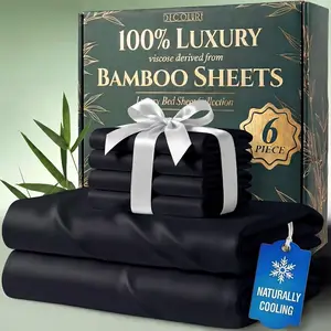 DECOLURE Bamboo Sheets 6pc Set 100% Viscose Ultra-Soft 17” Deep Pocket Double Stitching OEKO-Tex Certified Cooling Bedding for Hot Sleepers