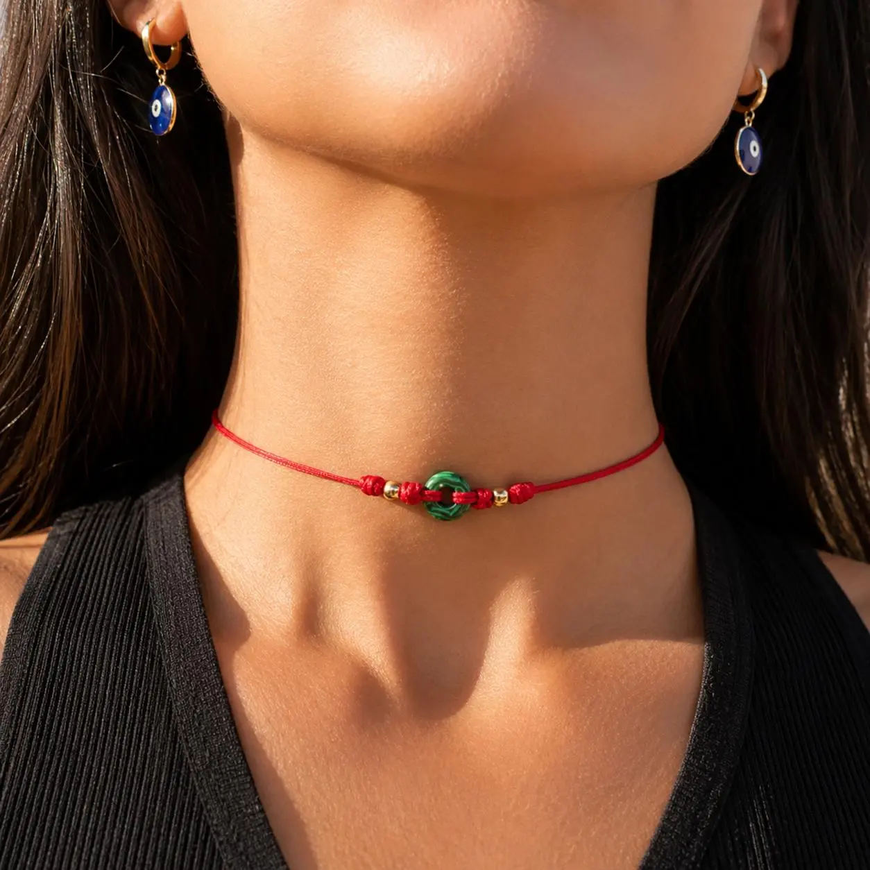 Adjustable Red Cord Choker with Natural Malachite – Minimalist Protection Necklace, Handmade Good Luck Jewelry