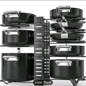 8-Tier Adjustable Pot and Pan Organizer Rack with Lid Holders - Heavy-Duty Iron Kitchen Storage for Pots, Pans, and Lids - Space-Saving Design for Countertop or Cabinet Organization, Kitchen Organizers And Storage, Sleek Metal Finish, Sturdy Construction,