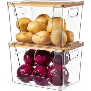 2 Set Pantry Organizers and Storage with Bamboo Lids, Stackable Clear Bins for Onion, Potato, Fruit, Vegetables, Trash Bag Dispenser, Kitchen and Under Sink Organizer, Stackable Fridge Organizer