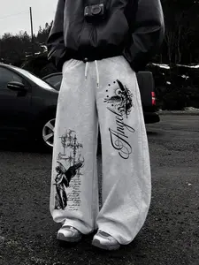 Dark Punk Angel Sword Printed Wide Leg Pants, High Street Drawstring Loose Straight Leg Sweatpants for Men and Women, Unisex Spring & Fall Casual Fitted