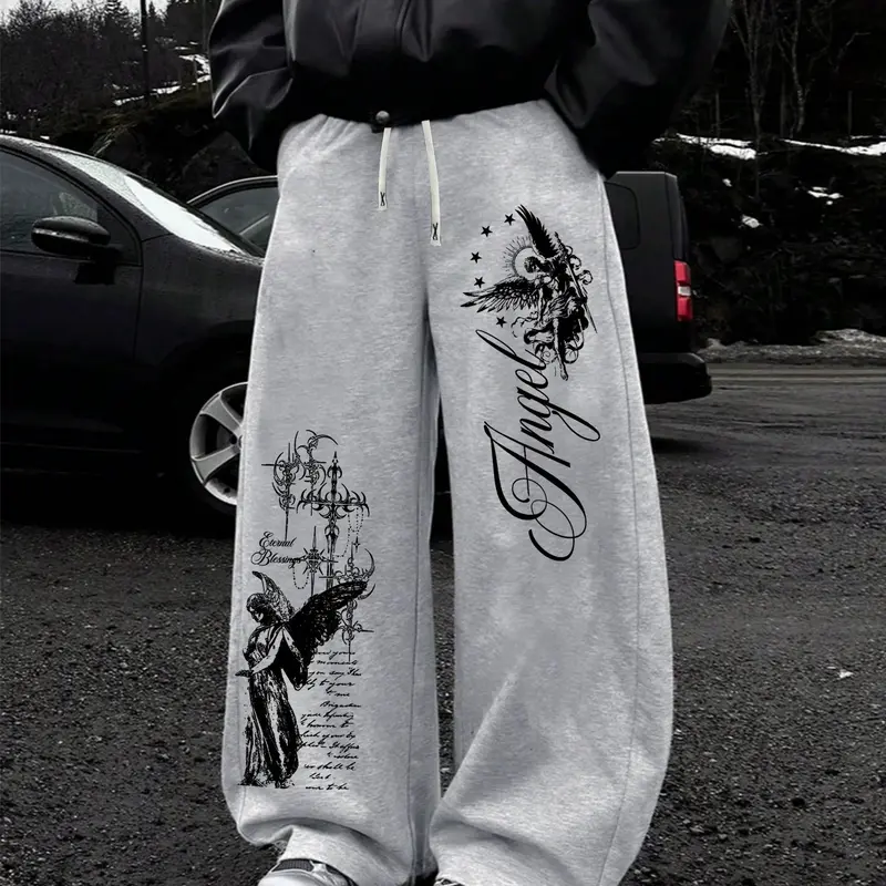 Dark Punk Angel Sword Printed Wide Leg Pants, High Street Drawstring Loose Straight Leg Sweatpants, Casual Lounge Pants for Men and Women, Unisex Spring & Fall Casual Fitted, Casual Streetwear Trousers, Autumn Casual Pants