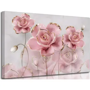 Framed Modern Delicate Pink Gold Roses Canvas Wall Art Flower Reflecting In Grey Marble Picture Wall Decor Poster Print Artwork For Living Room Bedroom Woman Room Home Decoration 36L" x 24H"