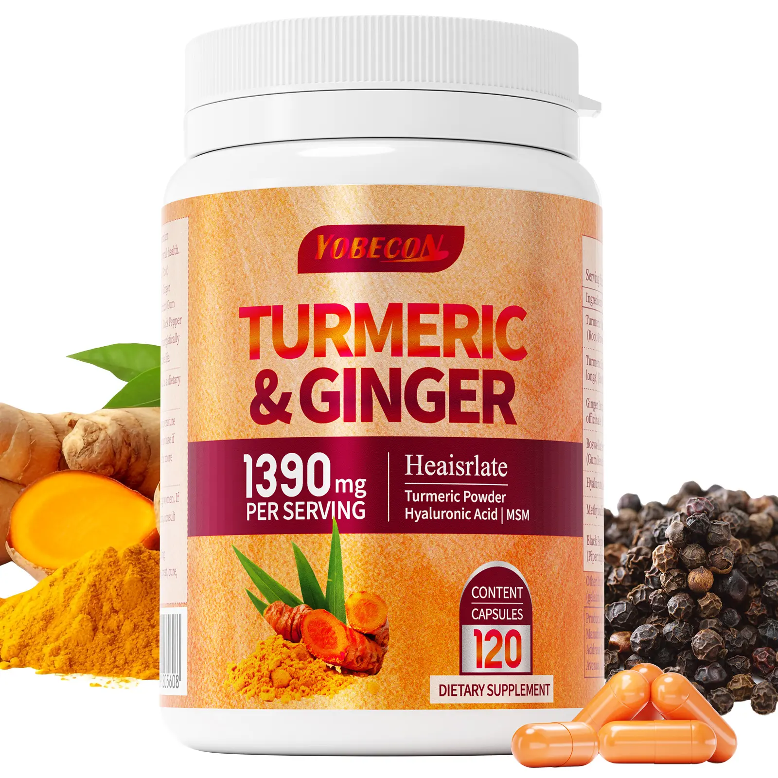YOBECON Turmeric Supplement , Skin And Digestion Health Helps Maintain Vitality And Energy, Contains Black Pepper, Family Pack And Winter Gifts, 120 Powder Capsules