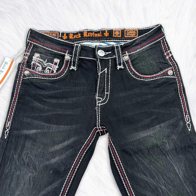 Rock Revival Black Straight Leg Jeans for Men – Western Cowboy Style Denim – Heavy Stitch Embroidered Back Pocket – Y2K Streetwear Jeans – Premium Dark Wash