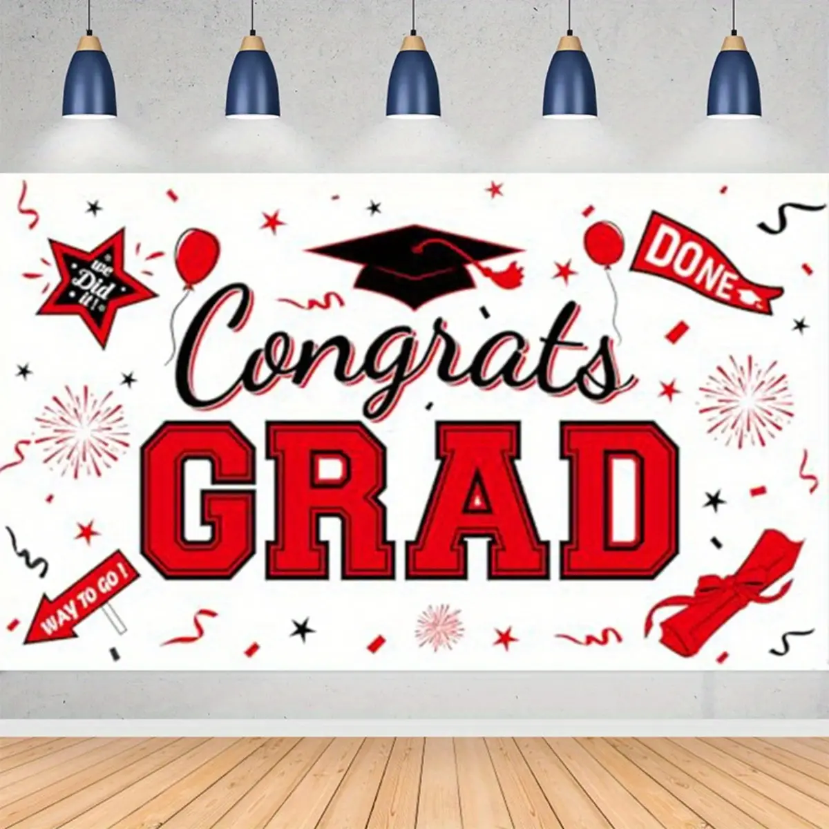 Graduation & Congrats Grad Backdrop – Red White Confetti Theme Tapestry, Wall Hanging, Photography Background, Polyester HD Print, Party, Home, Garden, Event Decor