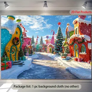 1pc 2D Flat Whoville Christmas Town Banner Backdrop - UV Printed Winter Wonderland Scene with Candy Cane Houses, Snowy Streets & Festive Decorations, Perfect for Holiday Parties, Home Decor, and Ornaments White