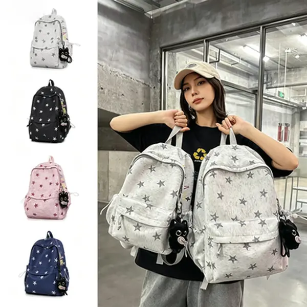 Y2K-Style Distressed Star-Print School Backpack - Durable Washed-Finish High-Capacity Casual Bag with Small Black Cat Plush Charm, for Students, Trendy Streetwear, Multiple Colors Available