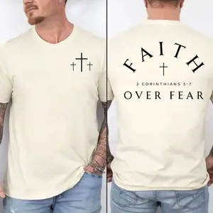Faith Over Fear Shirt - Bible Verse 2 Corinthians 5:7 With Cross Graphic, Christian Apparel For Believers, Trending Father's Day, Men's Graphic Tees, Casual Outfit, Comfortable Menswear, Perfect Gift For Men, Apr2