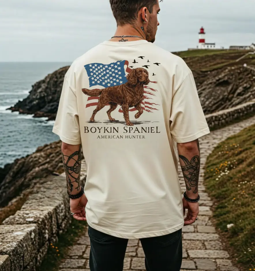 Boykin Spaniel Patriotic Hunting Dog Shirt, American Flag Duck Dog Shirt, USA Hunting Spaniel Graphic Tee, Waterfowl Hunter Shirt