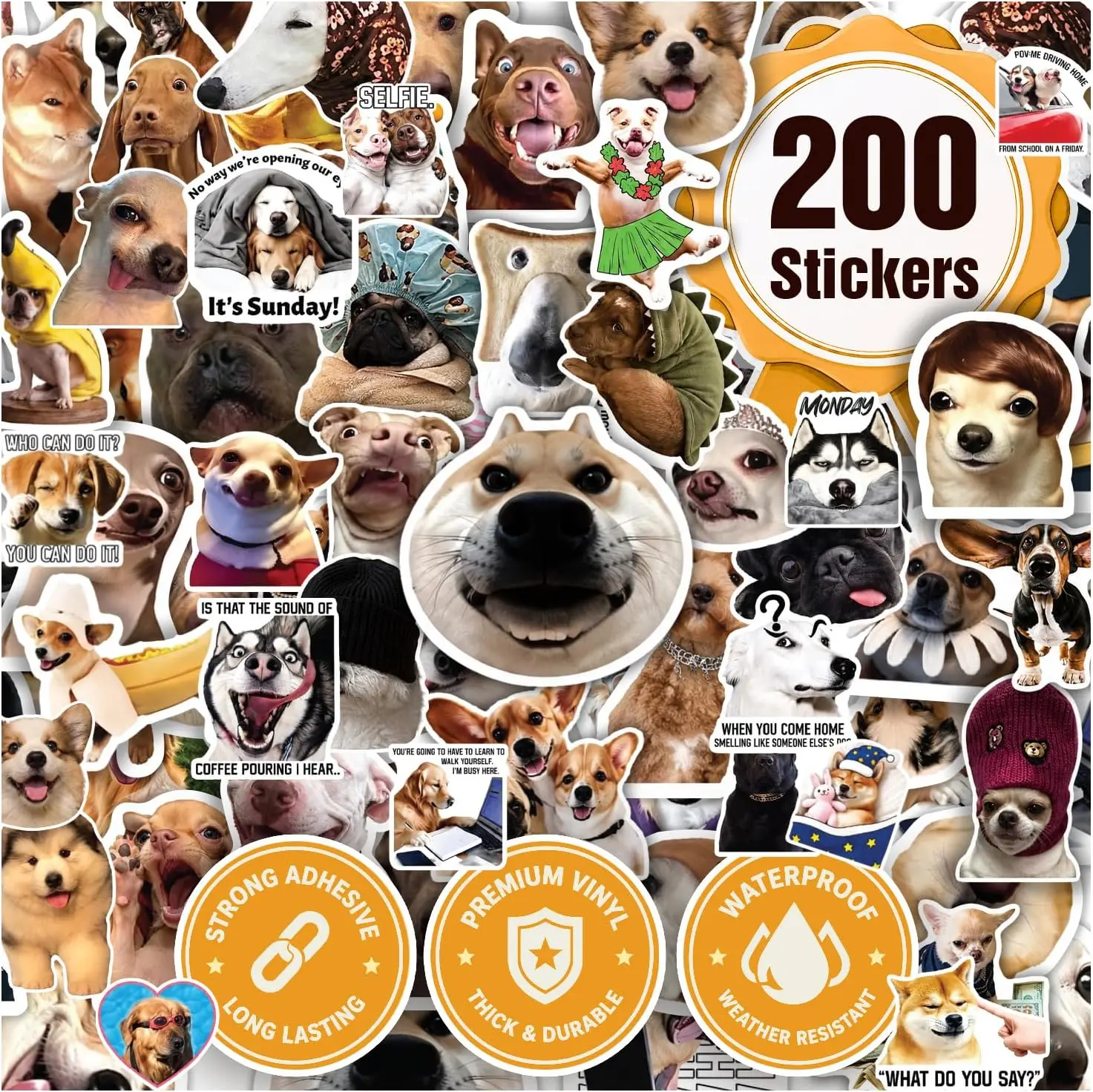 Premium 200 Pcs Funny Dog Stickers, Waterproof Vinyl Decals | 200 Unique Designs Dog Sticker for Water Bottles, Laptops, Phone Cases, Journals, Scrapbooks, Pet Lovers, Kids & Dog Fans