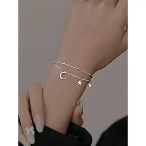 Women's S925 Silver Color Star Moon Bracelet, Creative Double Layer Design Jewelry Gift for Women, Unique Valentine's Day Birthday Present, Stackable Bracelet