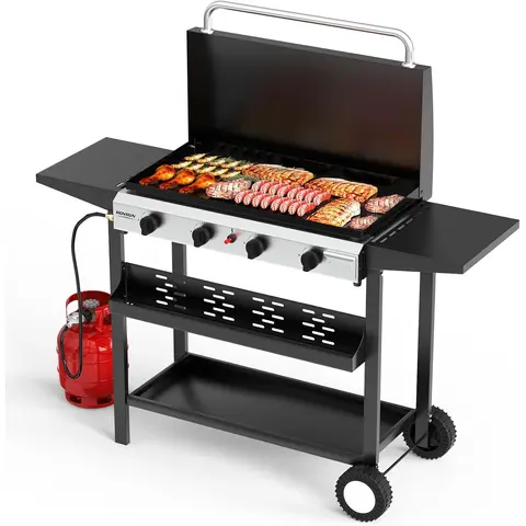 ROVSUN 2/4 Burner Portable Propane Griddle with Enameled Tray & Lid, 20000/40000 BTU Rolling Flat Top Gas Grill with Electronic Ignition, Side Shelves & Regulator for Outdoor Cooking Camping BBQ Tailgating
