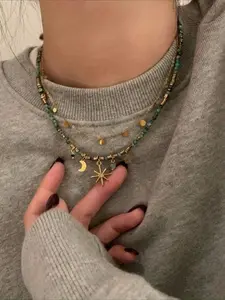 Boho Turquoise Star Moon Layered Necklace Set for Women, Dainty Golden Beaded Choker, Vintage Celestial Pendant Jewelry Gift, Dainty Layering Jewelry, Chic Gorgeous Jewelry
