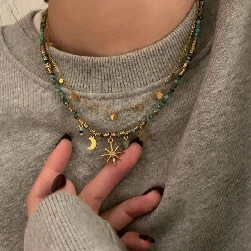 Boho Star Moon Layered Necklace Set for Women, Dainty Golden Beaded Chain Choker, Dainty Layering Jewelry, Vintage Celestial Pendant Jewelry Gift, Dainty Necklaces, Boho Style Necklace, All Seasons Accessory