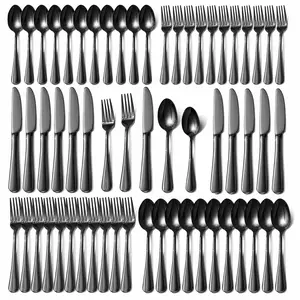60-Piece Black Stainless Steel Cutlery Set with Forks, Knives, Spoons, Durable Tableware, Utensils Service Set for Home Kitchen, Dining Room, Outdoor Use