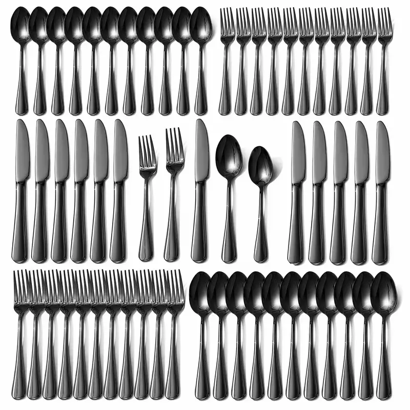 Summer BBQ & Family Dinner Stainless Steel Flatware Set – 60PCS Silver/Black Cutlery Set for 12, Steak Knives Included, Dishwasher Safe Gift Box