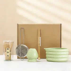 Cute Matcha Tea Set, Matcha Kit Set, Tea Making Tools, Light Speckled Ceramic, 100 Prong Bamboo Whisk, Scoop, Sifter & Holder, Ideal for Matcha Lovers & Tea Ceremony